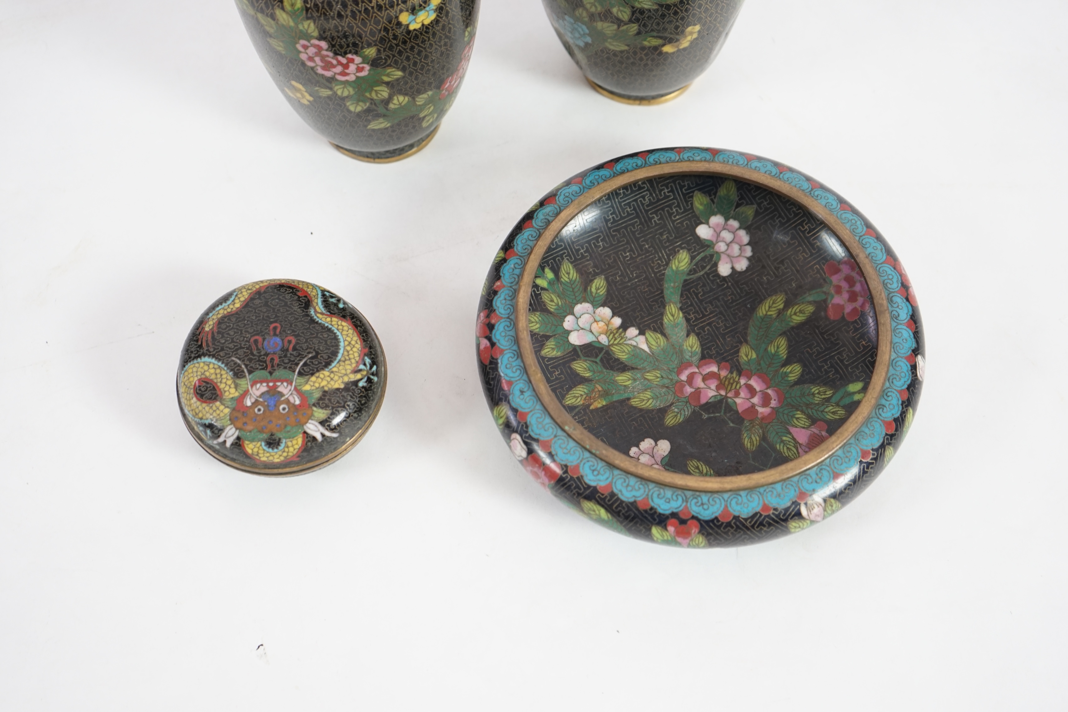 A group of modern Chinese black ground cloisonné wares